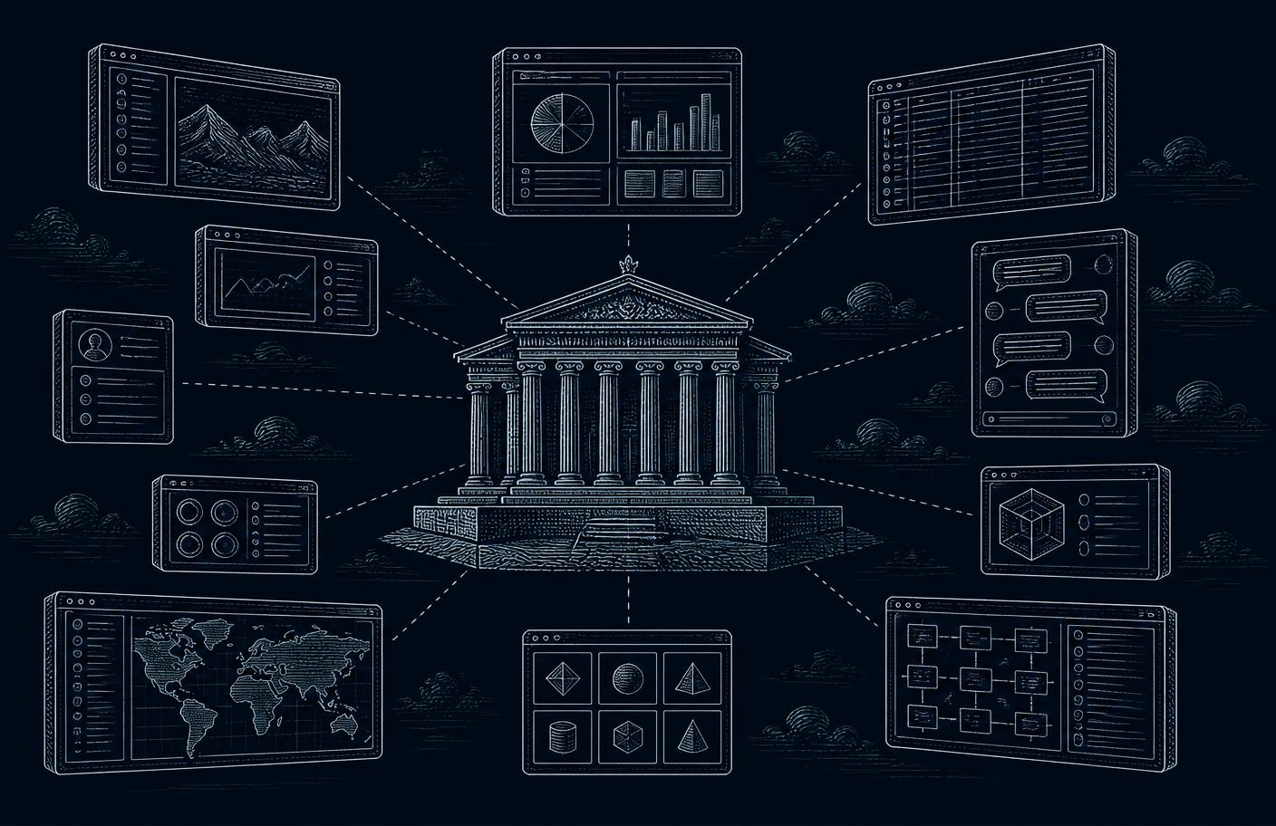 Engraved illustration of business tools disconnected from the core enterprise system