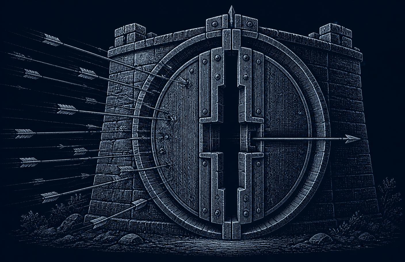 Engraved illustration of a permission boundary with a single controlled path through it